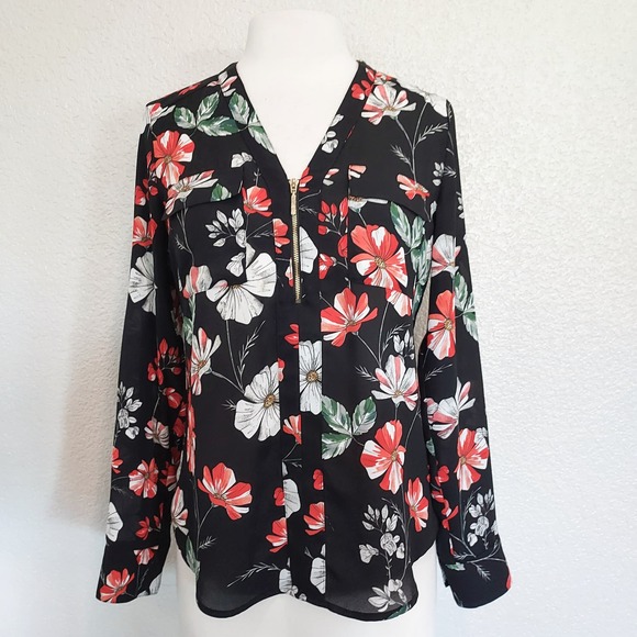 Express Black w/Red Floral Lightweight Blouse Size Small - Picture 1 of 12